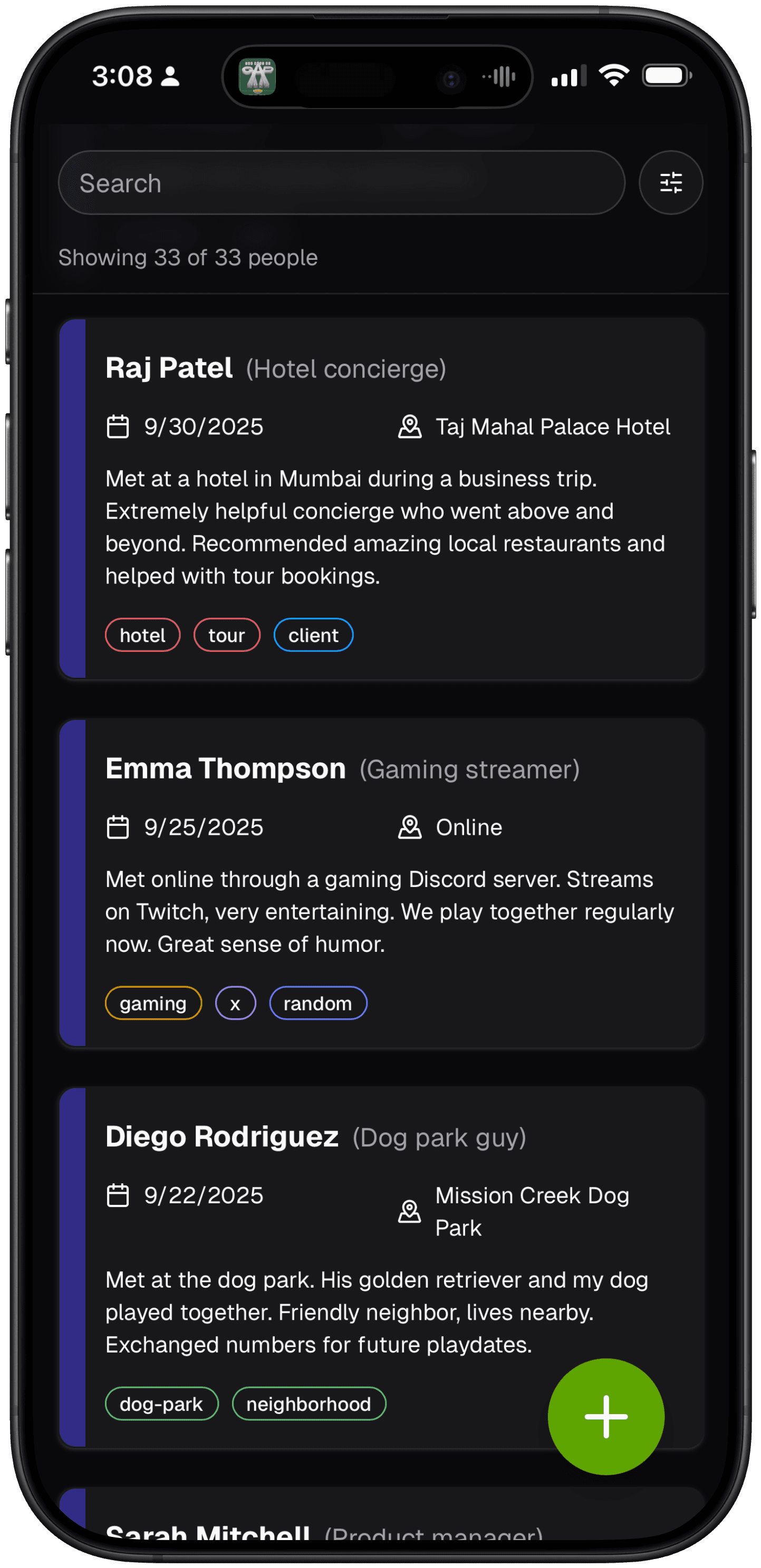 People Met app — list of people you've met with search, tags, and favorites