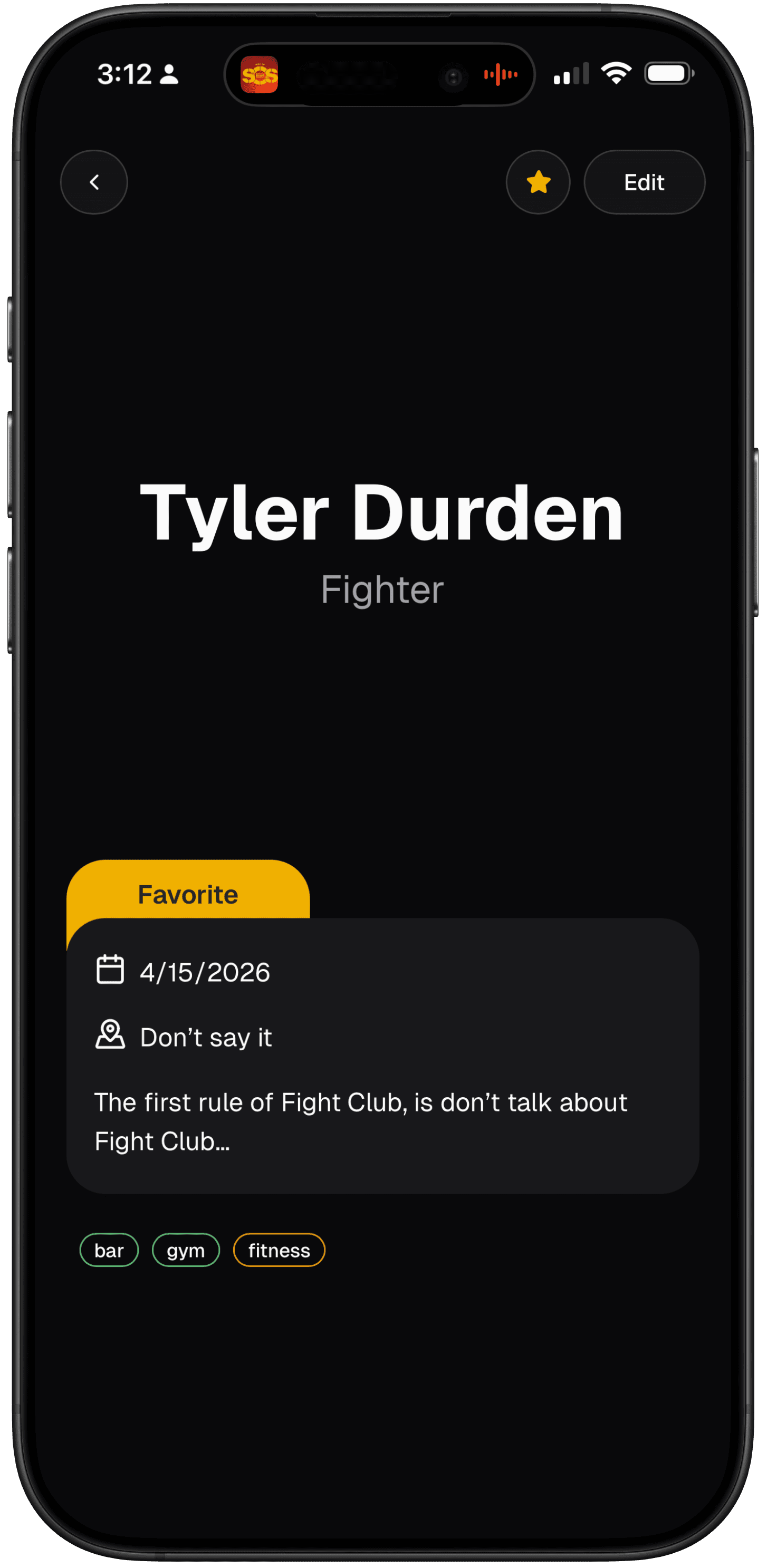 Person detail view with favorite, notes, and tags